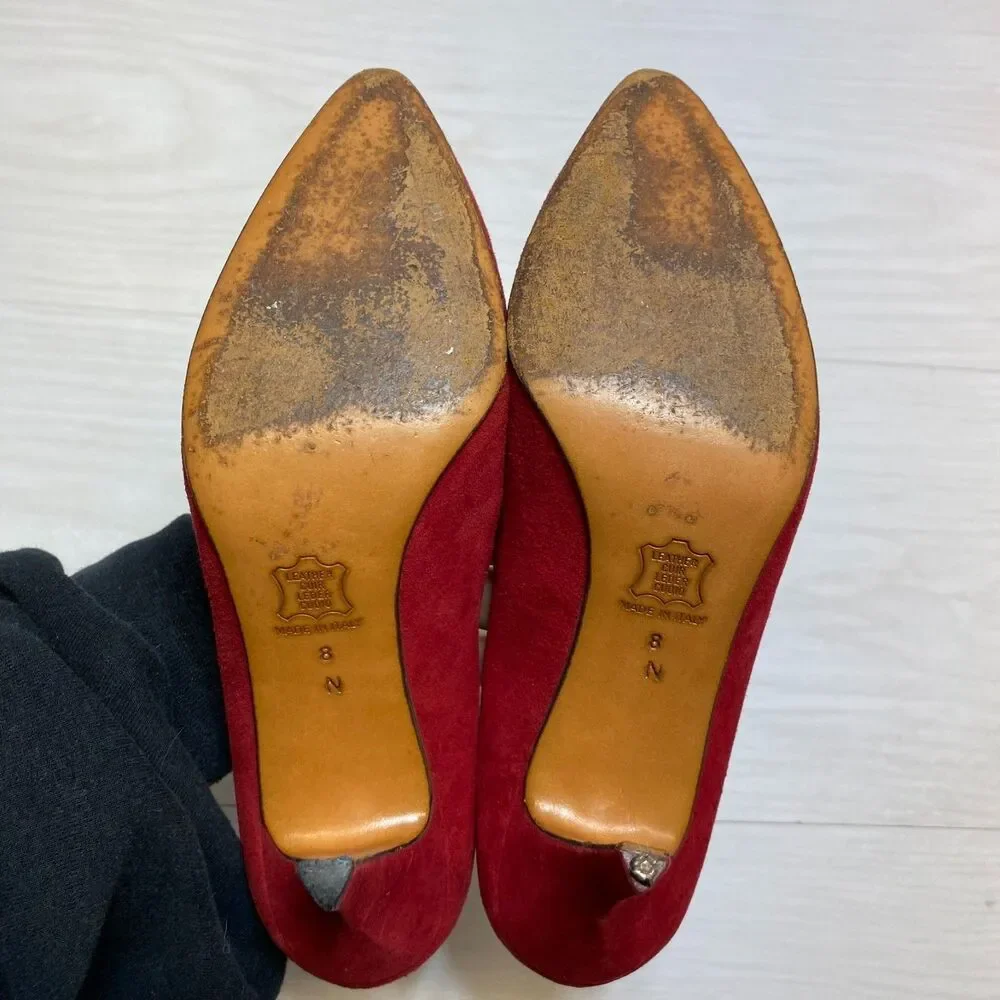 Vintage Yves Saint Laurent Heel Pumps Women Size 8 N Red Suede Pointed Toe - Picture 9 of 11